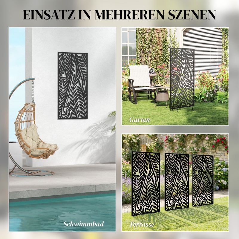 Metallinen ulkokäyttöön tarkoitettu tilanjakaja 65 x 130 cm, lehtikuvioitu, musta