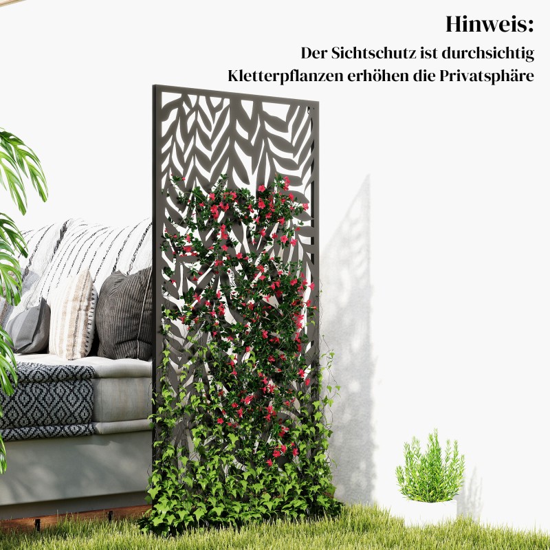 Metallinen ulkokäyttöön tarkoitettu tilanjakaja 65 x 130 cm, lehtikuvioitu, musta