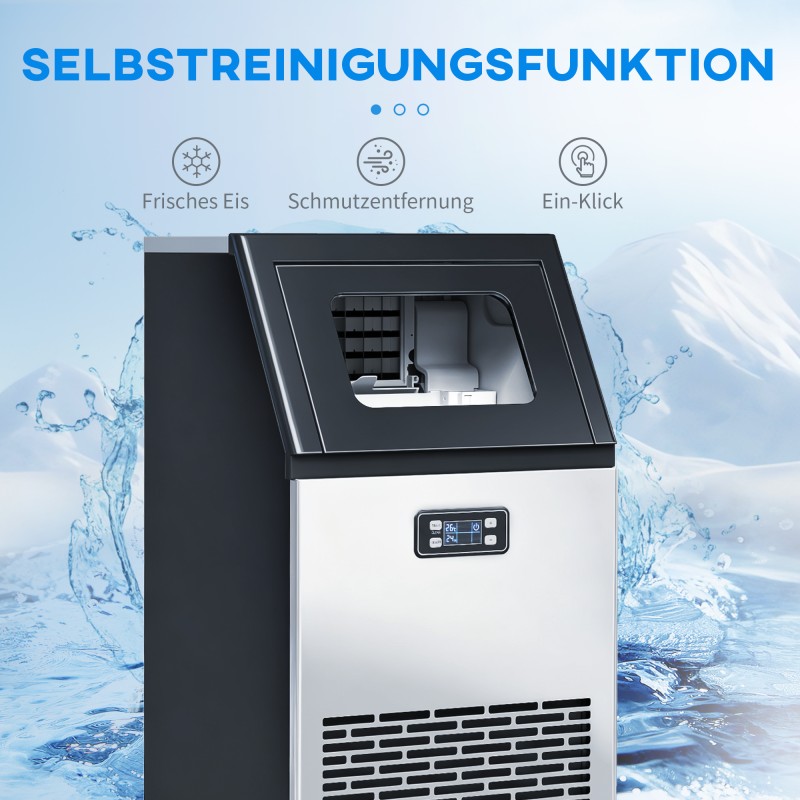 Ammattikäyttöön jääpalakone 45 kg/24 h, 11 kg säiliö, ruostumaton teräs, LCD-näyttö, hopea/musta