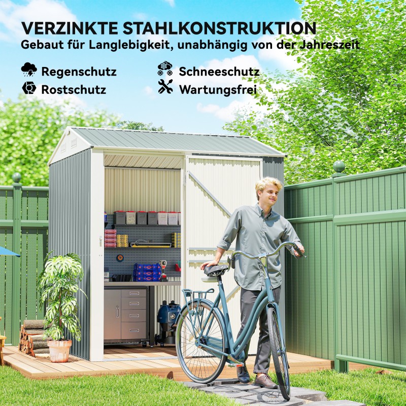 Metallinen pihavarasto 3,5 m², lukittava harjakattoinen teräksinen varasto 209 x 177 x 236 cm, vaaleanharmaa