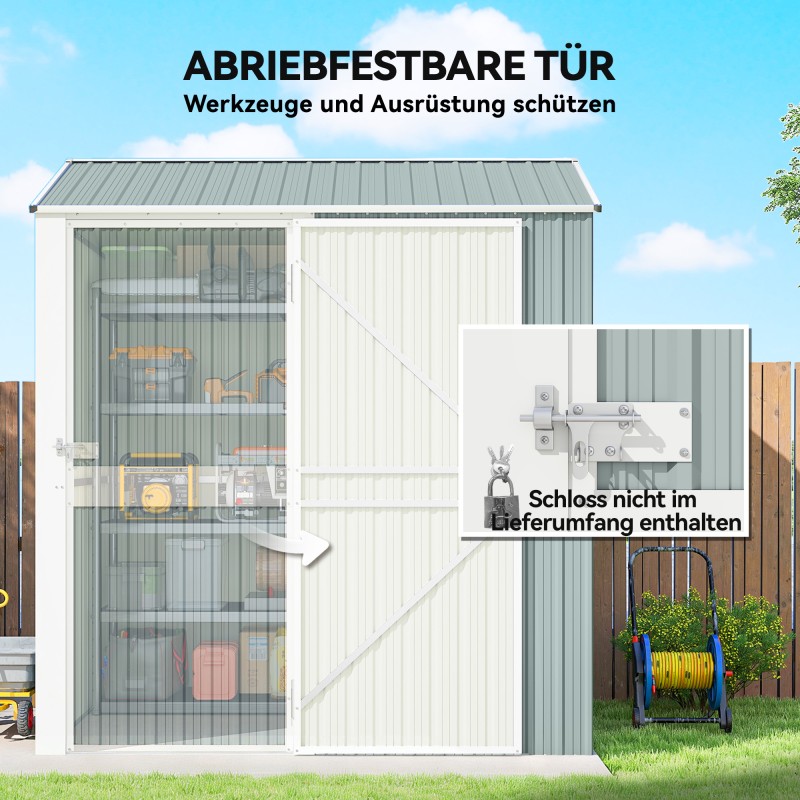 Metallinen pihavarasto 3,5 m², lukittava harjakattoinen teräksinen varasto 209 x 177 x 236 cm, vaaleanharmaa