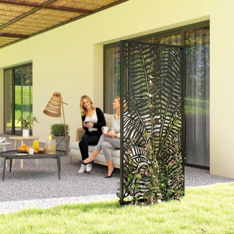 Ulkotilan tilanjakaja ja näkösuoja, metallinen 65 x 130 cm, banaanilehtikuvio, musta