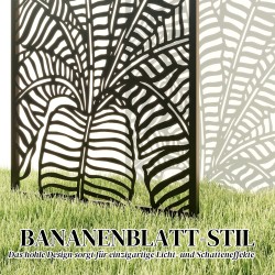 Ulkotilan tilanjakaja ja näkösuoja, metallinen 65 x 130 cm, banaanilehtikuvio, musta