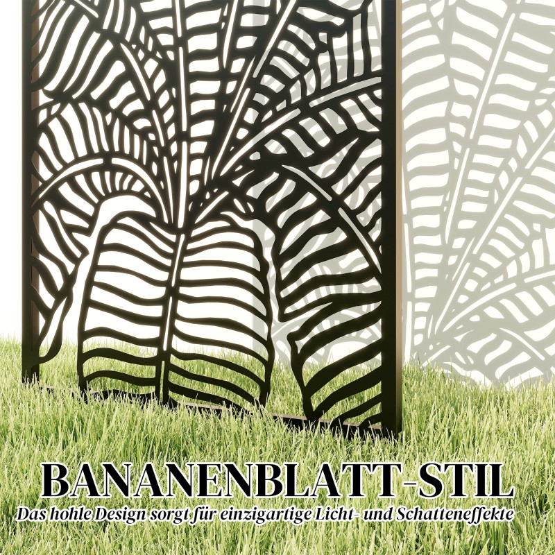 Ulkotilan tilanjakaja ja näkösuoja, metallinen 65 x 130 cm, banaanilehtikuvio, musta