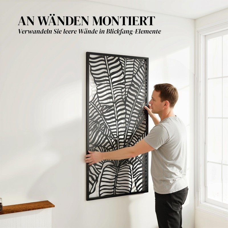 Ulkotilan tilanjakaja ja näkösuoja, metallinen 65 x 130 cm, banaanilehtikuvio, musta