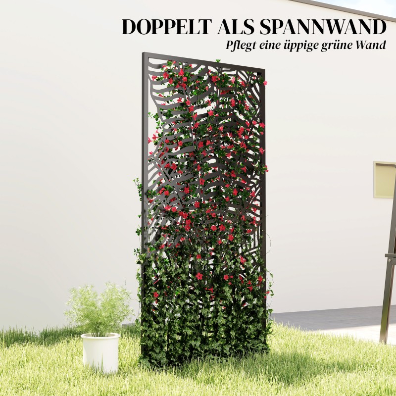 Ulkotilan tilanjakaja ja näkösuoja, metallinen 65 x 130 cm, banaanilehtikuvio, musta