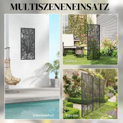 Ulkotilan tilanjakaja ja näkösuoja, metallinen 65 x 130 cm, banaanilehtikuvio, musta