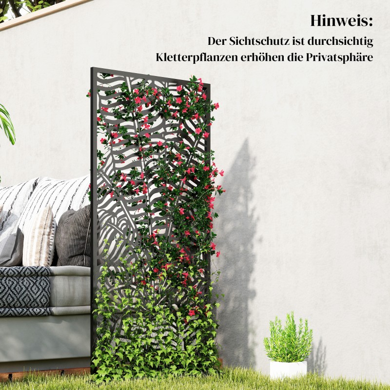 Ulkotilan tilanjakaja ja näkösuoja, metallinen 65 x 130 cm, banaanilehtikuvio, musta