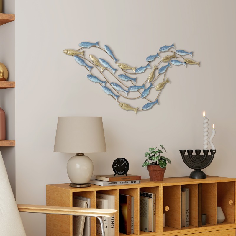 Metallinen seinäkoriste kala-aiheinen 99,7 x 50,2 cm vaaleansininen vaaleakulta
