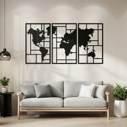 Metallinen seinäkoriste maailmankartta 3 osaa 150 x 80 cm musta