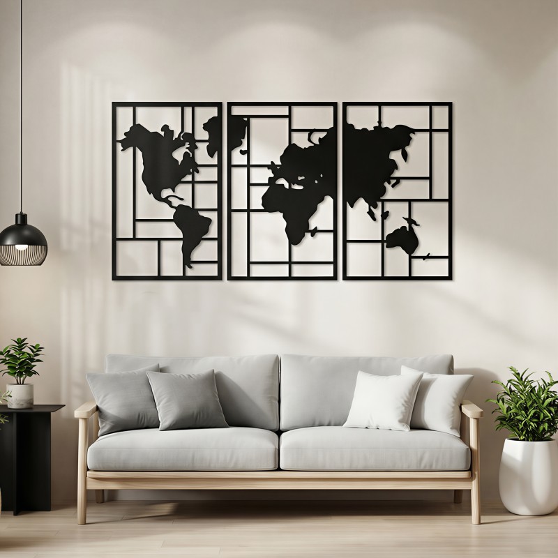 Metallinen seinäkoriste maailmankartta 3 osaa 150 x 80 cm musta
