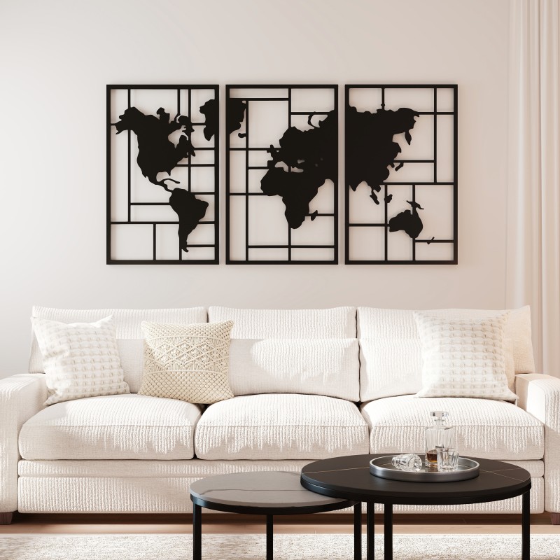 Metallinen seinäkoriste maailmankartta 3 osaa 150 x 80 cm musta