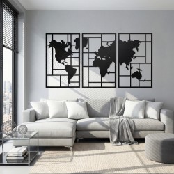 Metallinen seinäkoriste maailmankartta 3 osaa 150 x 80 cm musta
