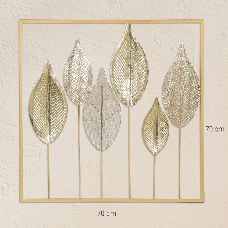 Metallinen lehtiaiheinen seinäkoriste, kehys, 70 x 70 cm, kullanvärinen