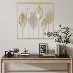 Metallinen lehtiaiheinen seinäkoriste, kehys, 70 x 70 cm, kullanvärinen