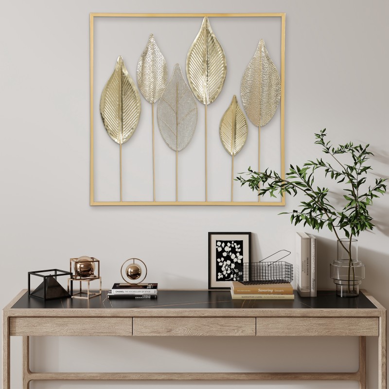Metallinen lehtiaiheinen seinäkoriste, kehys, 70 x 70 cm, kullanvärinen