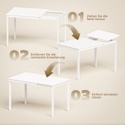 Jatkettava ruokapöytä 80–120 cm 4–6 hengelle, teräsrunko ja MDF-kansi, valkoinen