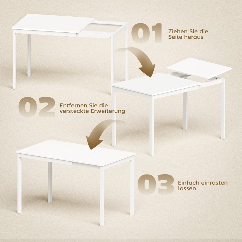 Jatkettava ruokapöytä 80–120 cm 4–6 hengelle, teräsrunko ja MDF-kansi, valkoinen