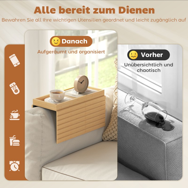 Sohvan käsinojatarjotin juomille ja naposteltaville, bambua, 45 x 33,5 cm, luonnonpuu