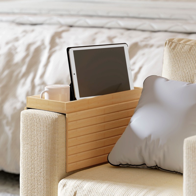 Sohvan käsinojatarjotin juomille ja naposteltaville, bambua, 45 x 33,5 cm, luonnonpuu