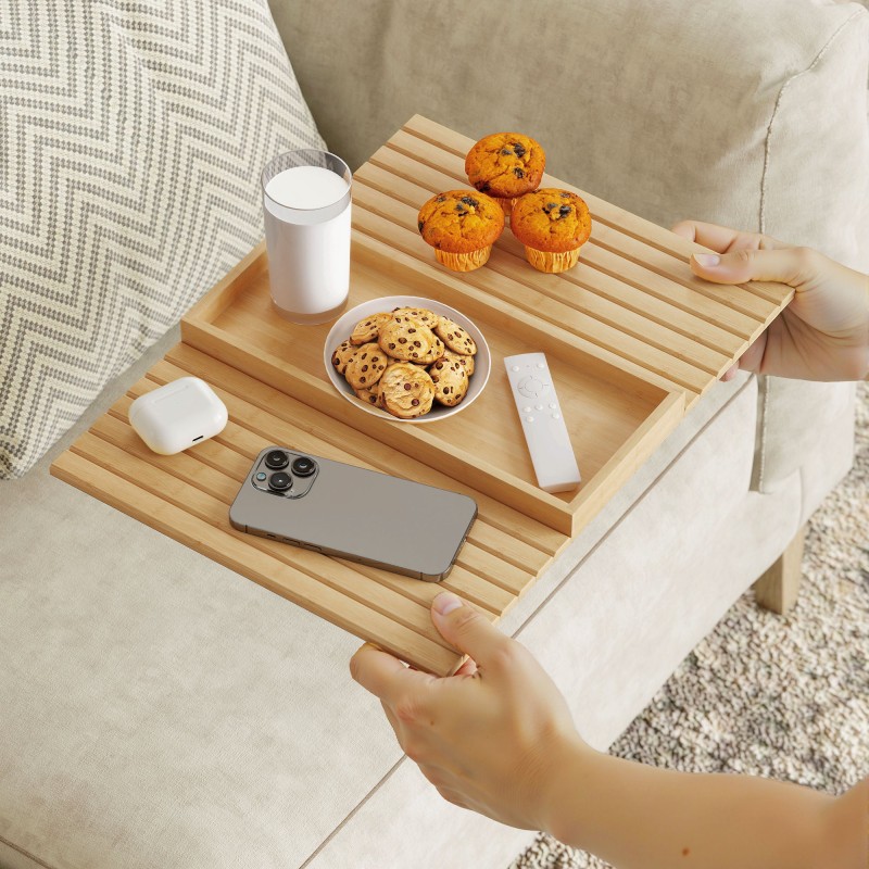 Sohvan käsinojatarjotin juomille ja naposteltaville, bambua, 45 x 33,5 cm, luonnonpuu