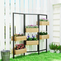 Kukkalaatikko ja huoneenjakaja, 6 puista istutuslaatikkoa, teräsrunko, taitettava, 116 x 20 x 112 cm, luonnonpuu