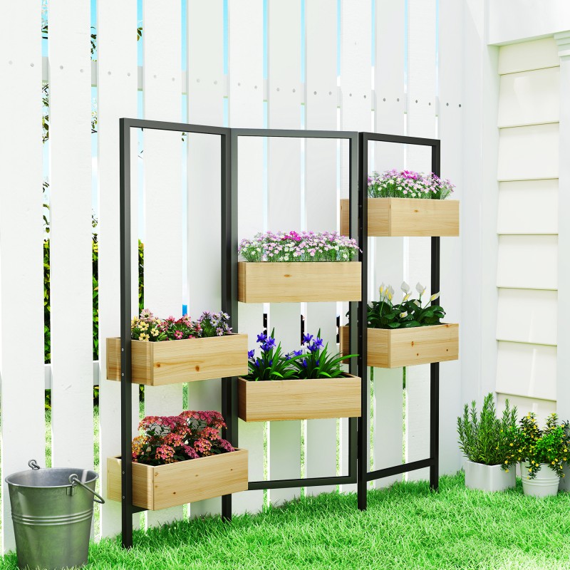 Kukkalaatikko ja huoneenjakaja, 6 puista istutuslaatikkoa, teräsrunko, taitettava, 116 x 20 x 112 cm, luonnonpuu