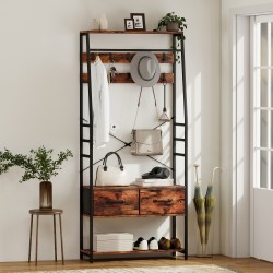 Naulakko kenkähyllyllä ja istuimella, 10 koukkua, 2 kangaslaatikkoa, 80 x 30 x 180 cm, ruskea/musta