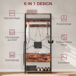 Naulakko kenkähyllyllä ja istuimella, 10 koukkua, 2 kangaslaatikkoa, 80 x 30 x 180 cm, ruskea/musta