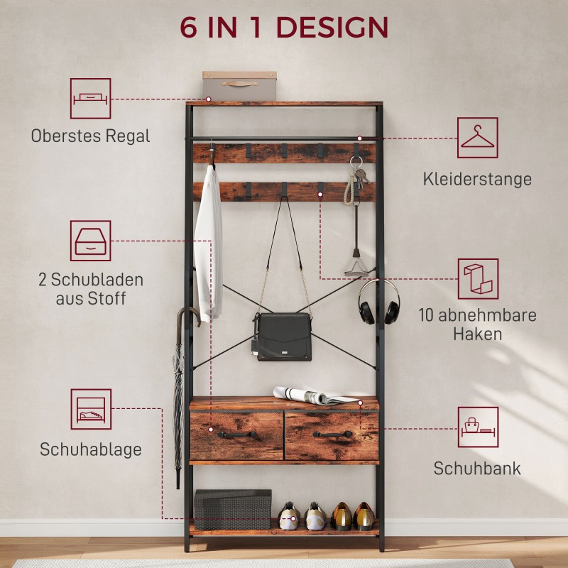 Naulakko kenkähyllyllä ja istuimella, 10 koukkua, 2 kangaslaatikkoa, 80 x 30 x 180 cm, ruskea/musta