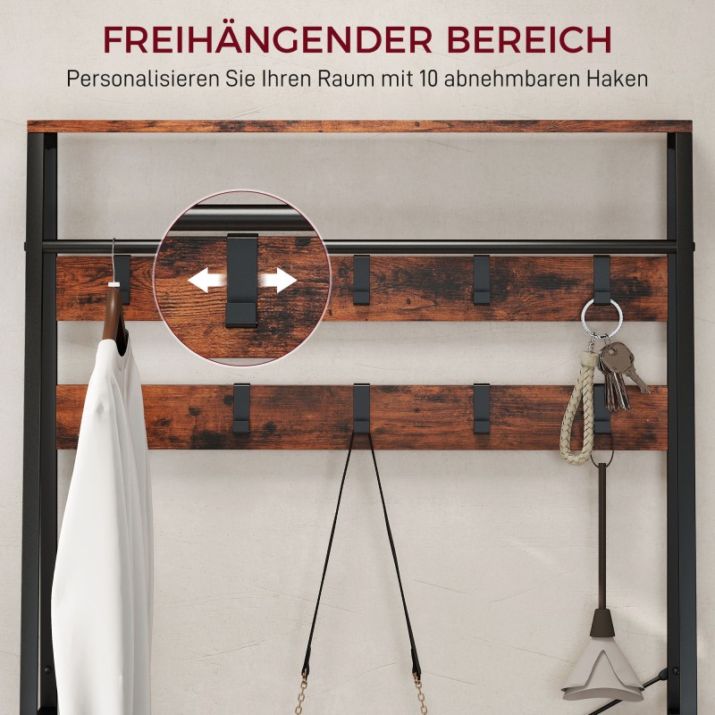 Naulakko kenkähyllyllä ja istuimella, 10 koukkua, 2 kangaslaatikkoa, 80 x 30 x 180 cm, ruskea/musta