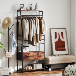 Naulakko kenkähyllyllä ja istuimella, 10 koukkua, 2 kangaslaatikkoa, 80 x 30 x 180 cm, ruskea/musta