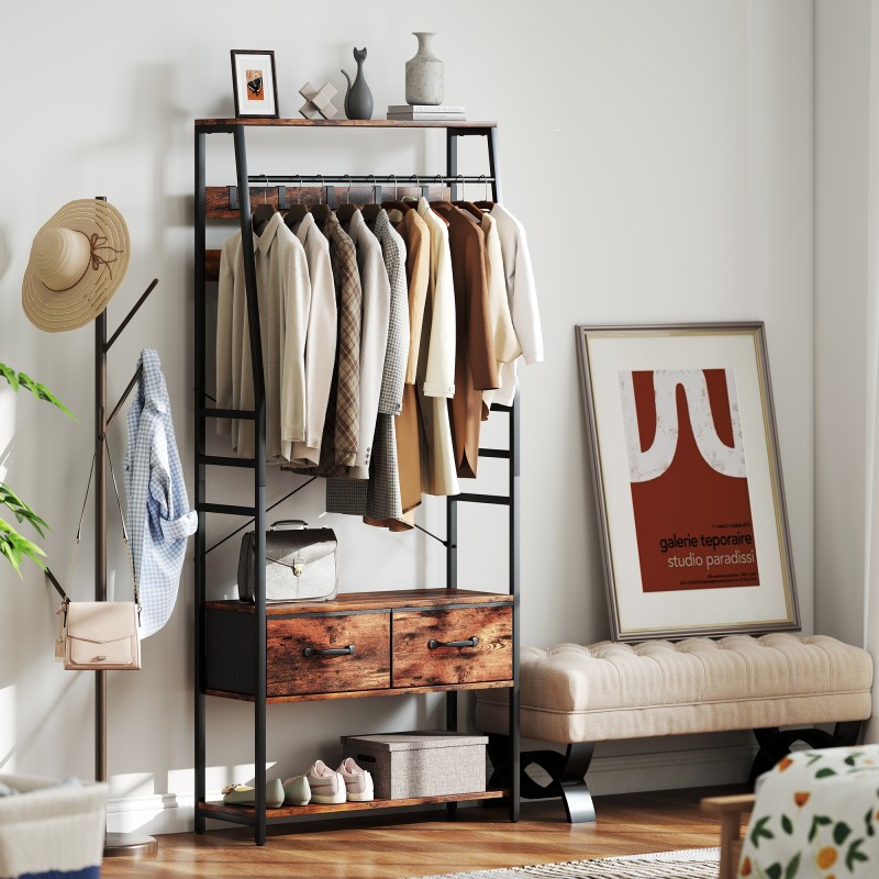 Naulakko kenkähyllyllä ja istuimella, 10 koukkua, 2 kangaslaatikkoa, 80 x 30 x 180 cm, ruskea/musta