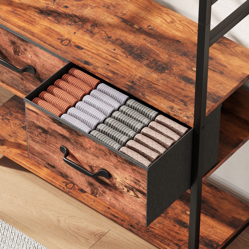 Naulakko kenkähyllyllä ja istuimella, 10 koukkua, 2 kangaslaatikkoa, 80 x 30 x 180 cm, ruskea/musta