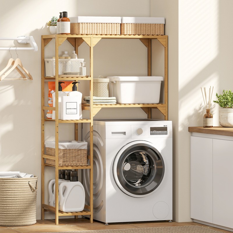 Pyykkikoneen päälle tuleva hylly bambusta, 7 avointa hyllyä, 100 x 40 x 157 cm, luonnonväri