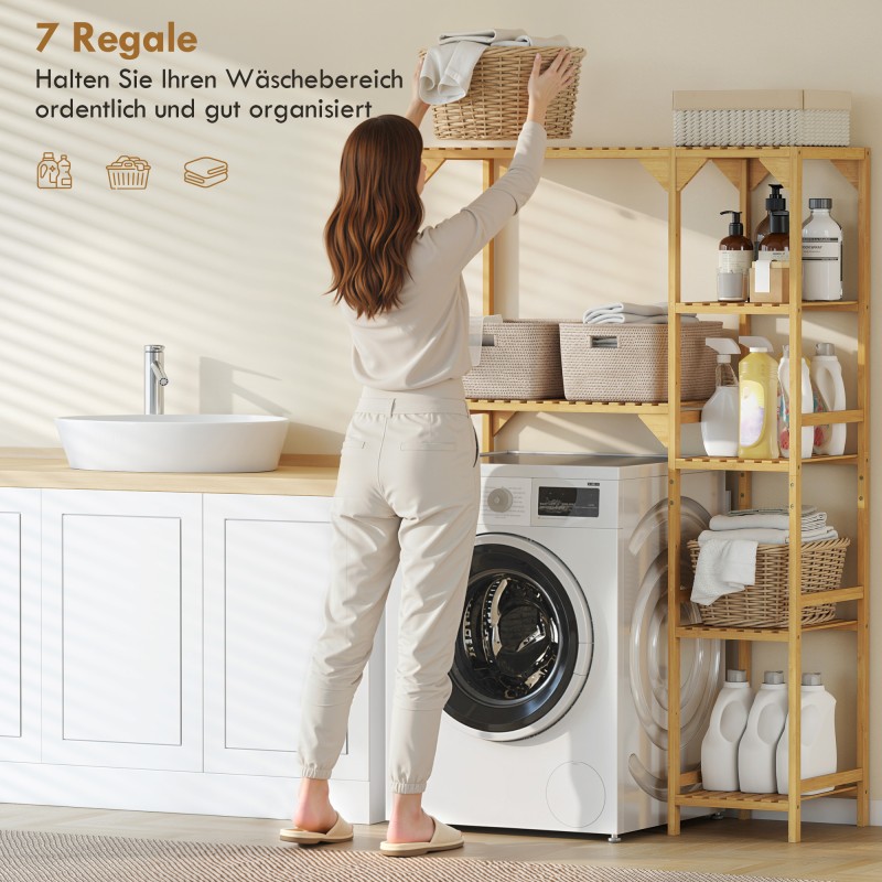 Pyykkikoneen päälle tuleva hylly bambusta, 7 avointa hyllyä, 100 x 40 x 157 cm, luonnonväri