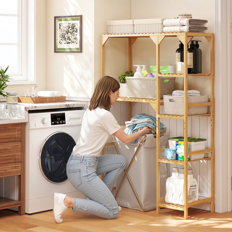 Pyykkikoneen päälle tuleva hylly bambusta, 7 avointa hyllyä, 100 x 40 x 157 cm, luonnonväri