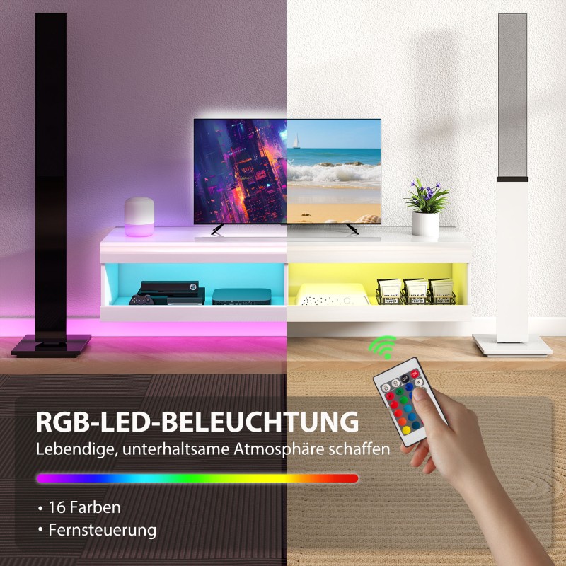 Seinälle asennettava TV-taso RGB LED -valaistuksella 55–60” televisiolle 140x40x30 cm korkeakiiltoinen valkoinen