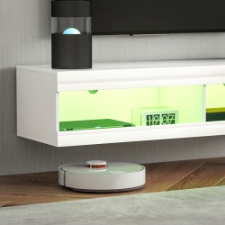 Seinälle asennettava TV-taso RGB LED -valaistuksella 55–60” televisiolle 140x40x30 cm korkeakiiltoinen valkoinen