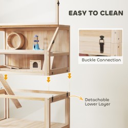 Hamsterihäkki ja gerbiilihäkki puusta, 3 tasoa, tarvikkeilla, 80 x 53 x 117 cm, luonnonpuu