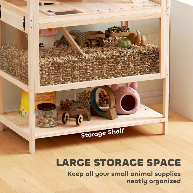 Hamsterihäkki ja gerbiilihäkki puusta, 3 tasoa, tarvikkeilla, 80 x 53 x 117 cm, luonnonpuu