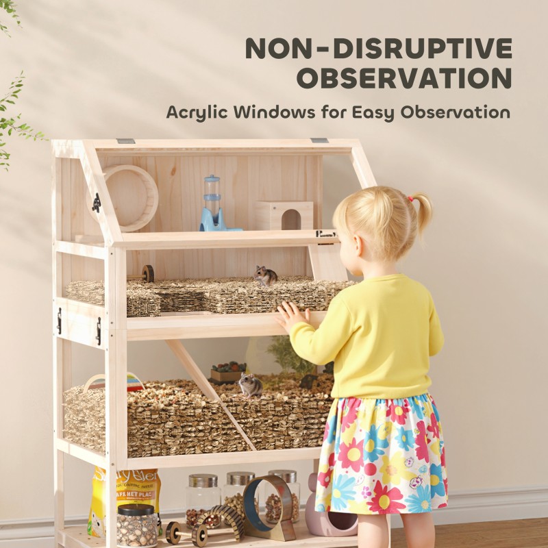 Hamsterihäkki ja gerbiilihäkki puusta, 3 tasoa, tarvikkeilla, 80 x 53 x 117 cm, luonnonpuu