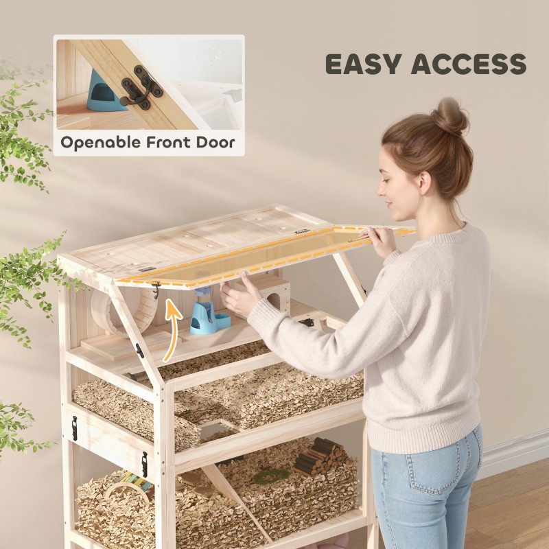 Hamsterihäkki ja gerbiilihäkki puusta, 3 tasoa, tarvikkeilla, 80 x 53 x 117 cm, luonnonpuu