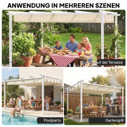 Pergola terassille ja puutarhaan 3 x 4 m, metallirunko, liukuva UV30+ katos, beige