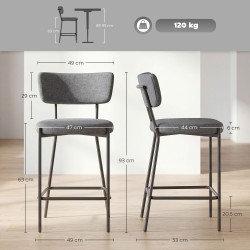 Baarituoli keittiösaarekkeelle 2 kpl, pehmustettu kaarevalla selkänojalla, metalli/polyesteri, harmaa