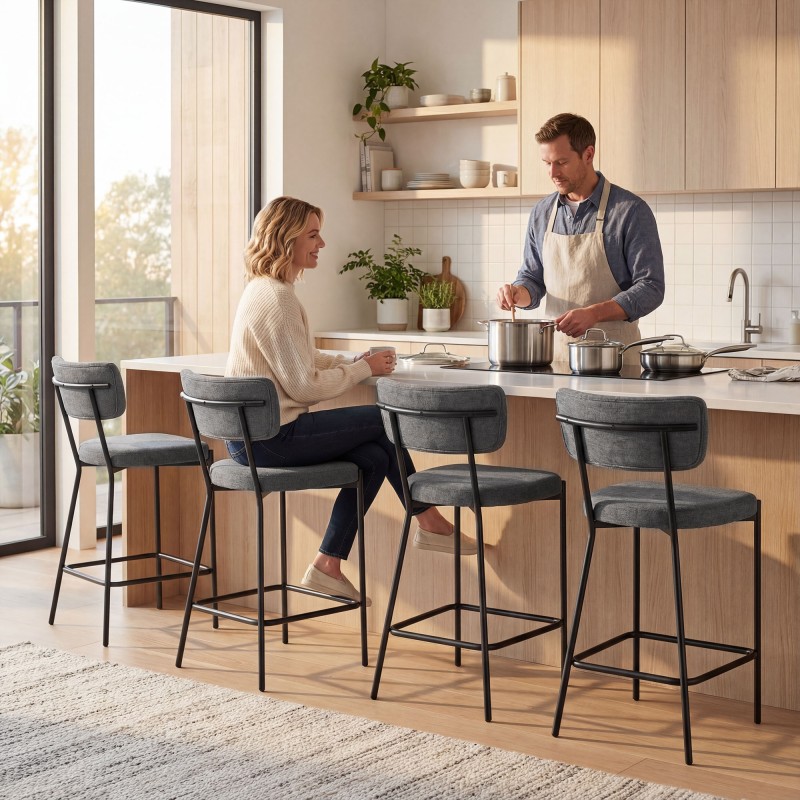 Baarituoli keittiösaarekkeelle 2 kpl, pehmustettu kaarevalla selkänojalla, metalli/polyesteri, harmaa