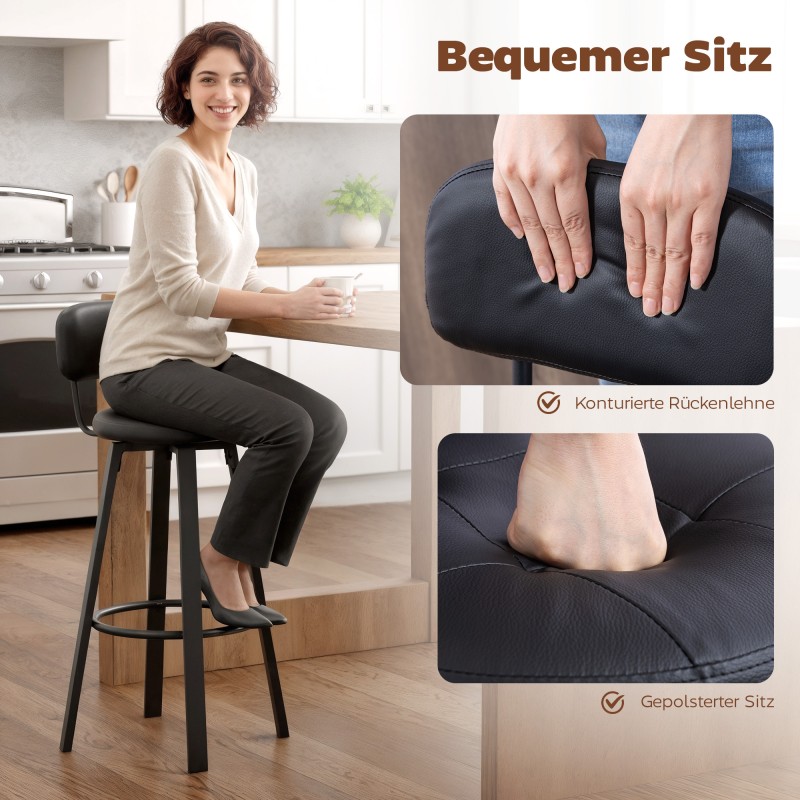 Baarituoli 2 kpl, keinonahka, pehmustettu istuin, selkänoja ja jalkatuki, metalli, musta