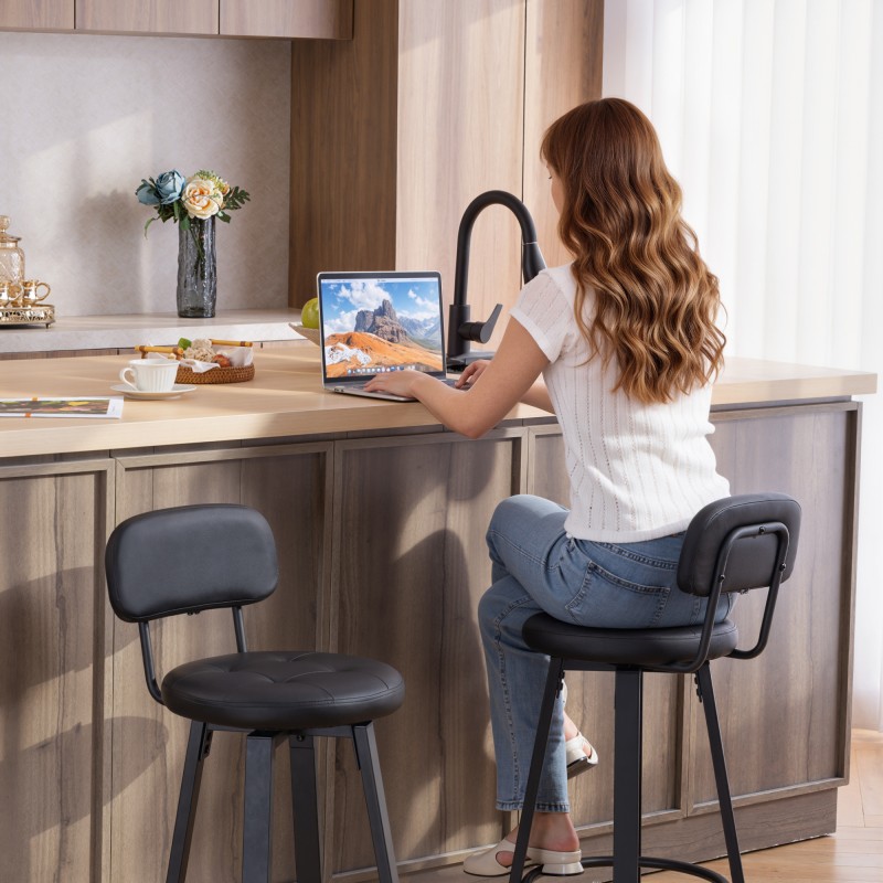 Baarituoli 2 kpl, keinonahka, pehmustettu istuin, selkänoja ja jalkatuki, metalli, musta