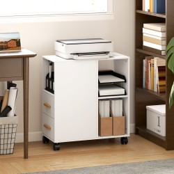Tulostintaso laatikoilla ja avolokeroilla, lastulevy, pyörillä, 60 x 30 x 65 cm, valkoinen