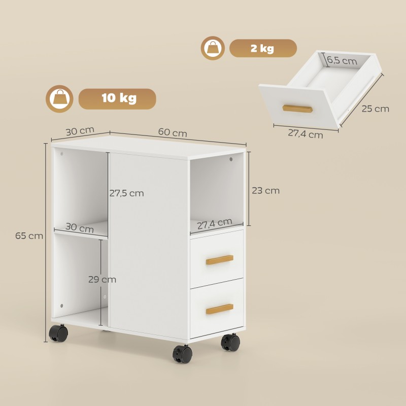 Tulostintaso laatikoilla ja avolokeroilla, lastulevy, pyörillä, 60 x 30 x 65 cm, valkoinen